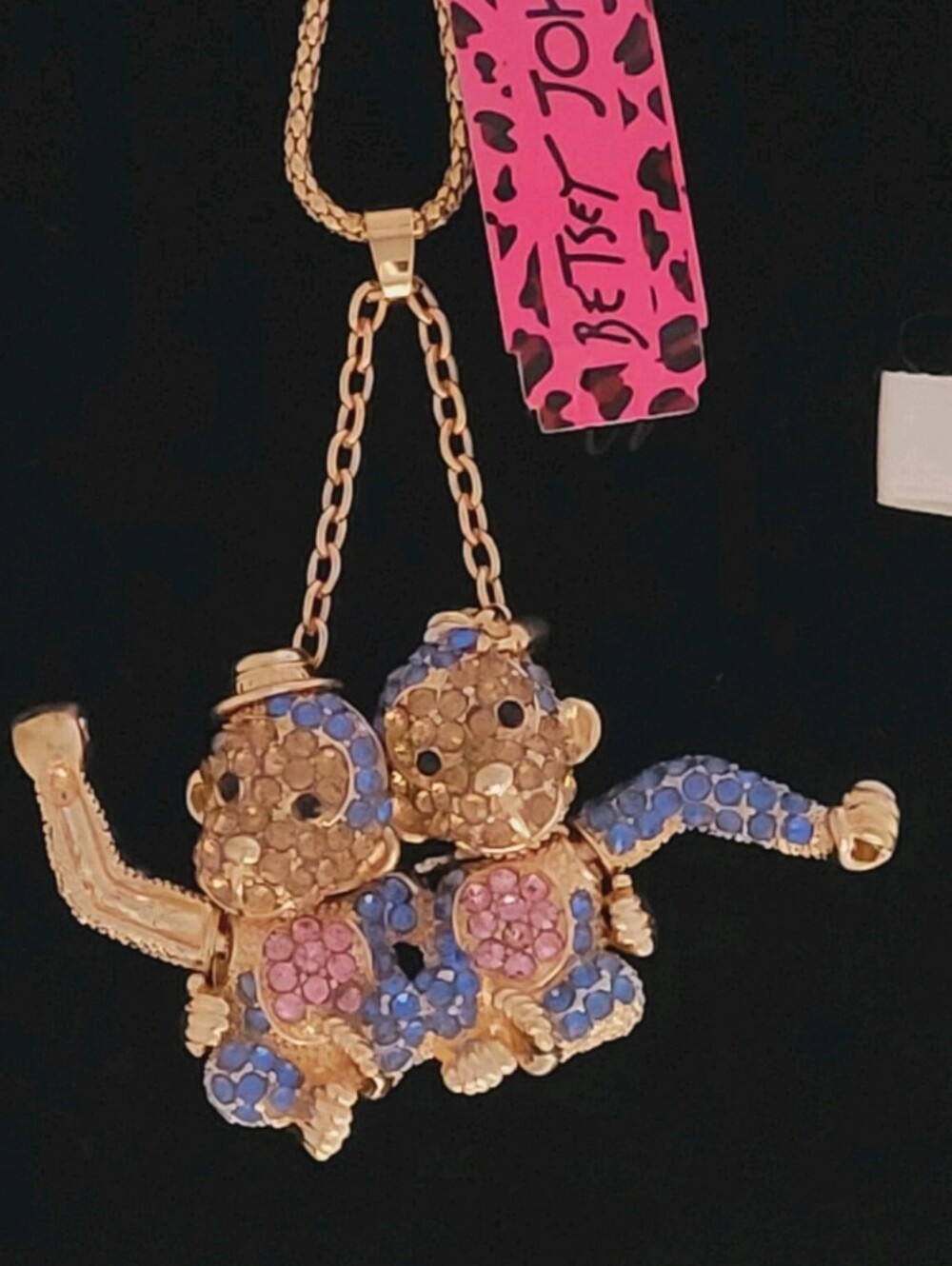 Betsey Johnson Blue & Pink Monkey Duo with Moving Arms  Pendant Necklace